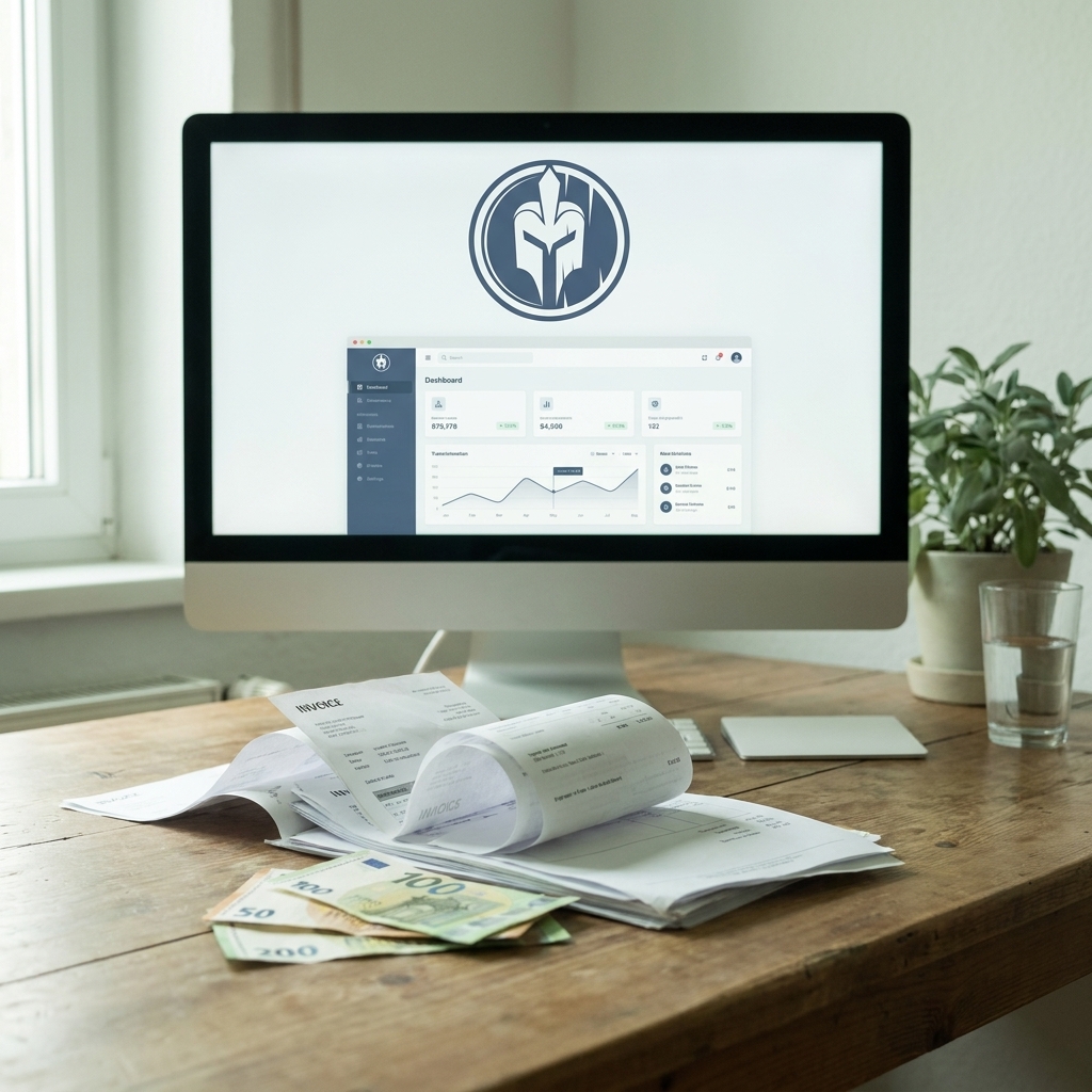 Schreibtisch mit Papierkram und Dashboard-Bildschirm